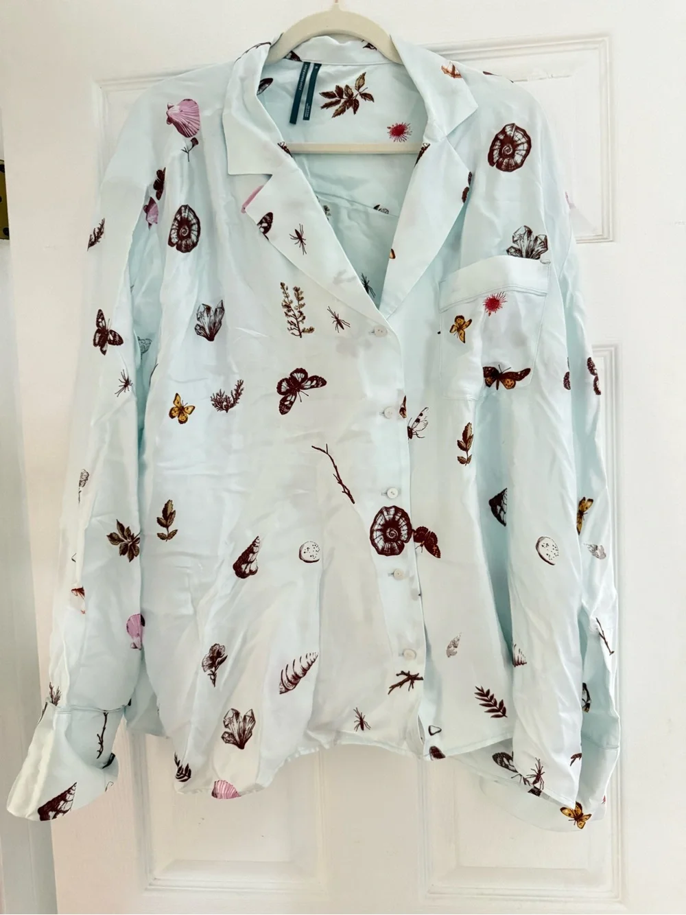 Anthropologie Pastel Blue Butterfly, Floral, Shell Print Silky Pajama Set